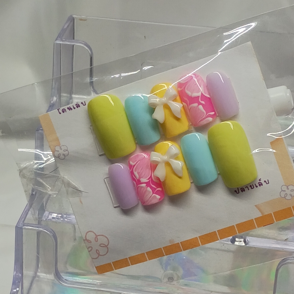 Colorful Press-On Nails with Bow Design